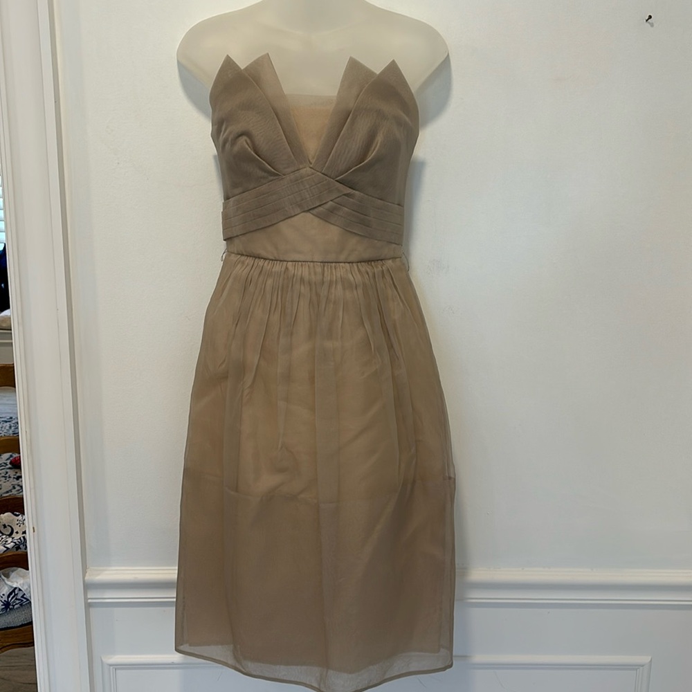 BCBGMaxAzria Silk Strapless Dress Gold with Taupe Overlay Size 8